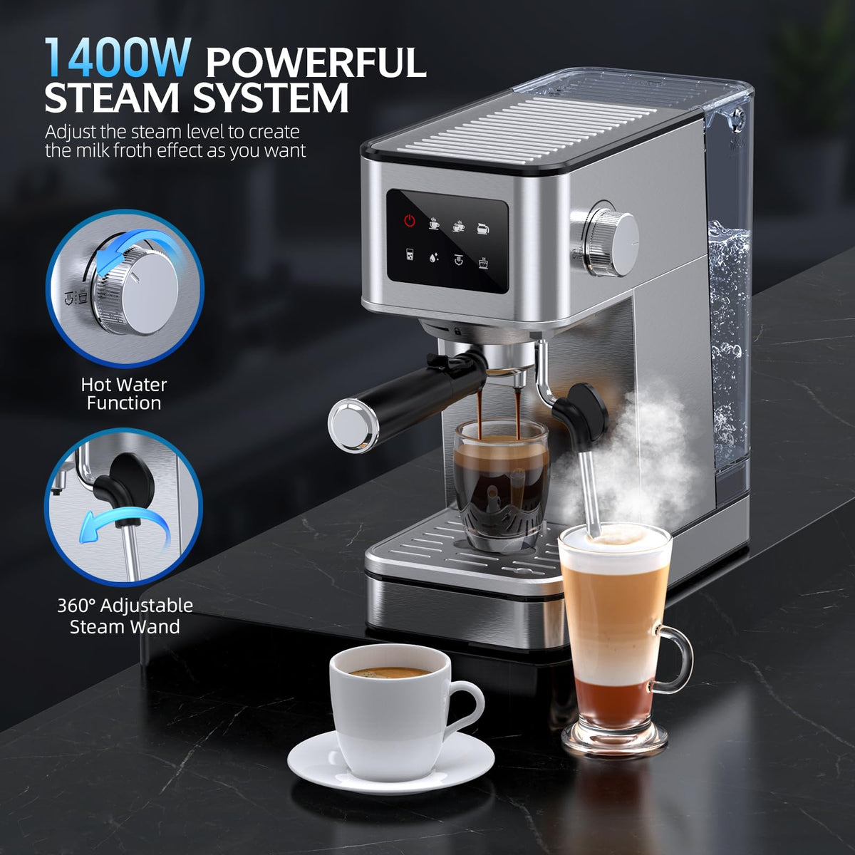 20 Bar Pump Espresso Machine with LED Touchscreen & Steam Wand