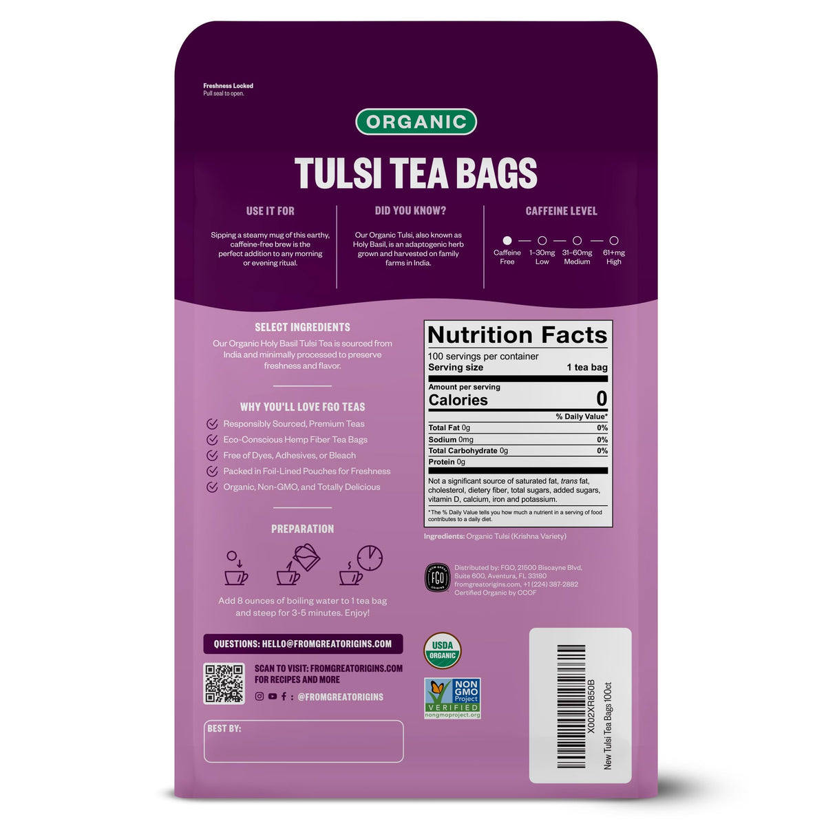 Organic Tulsi Holy Basil Tea (100 Count)