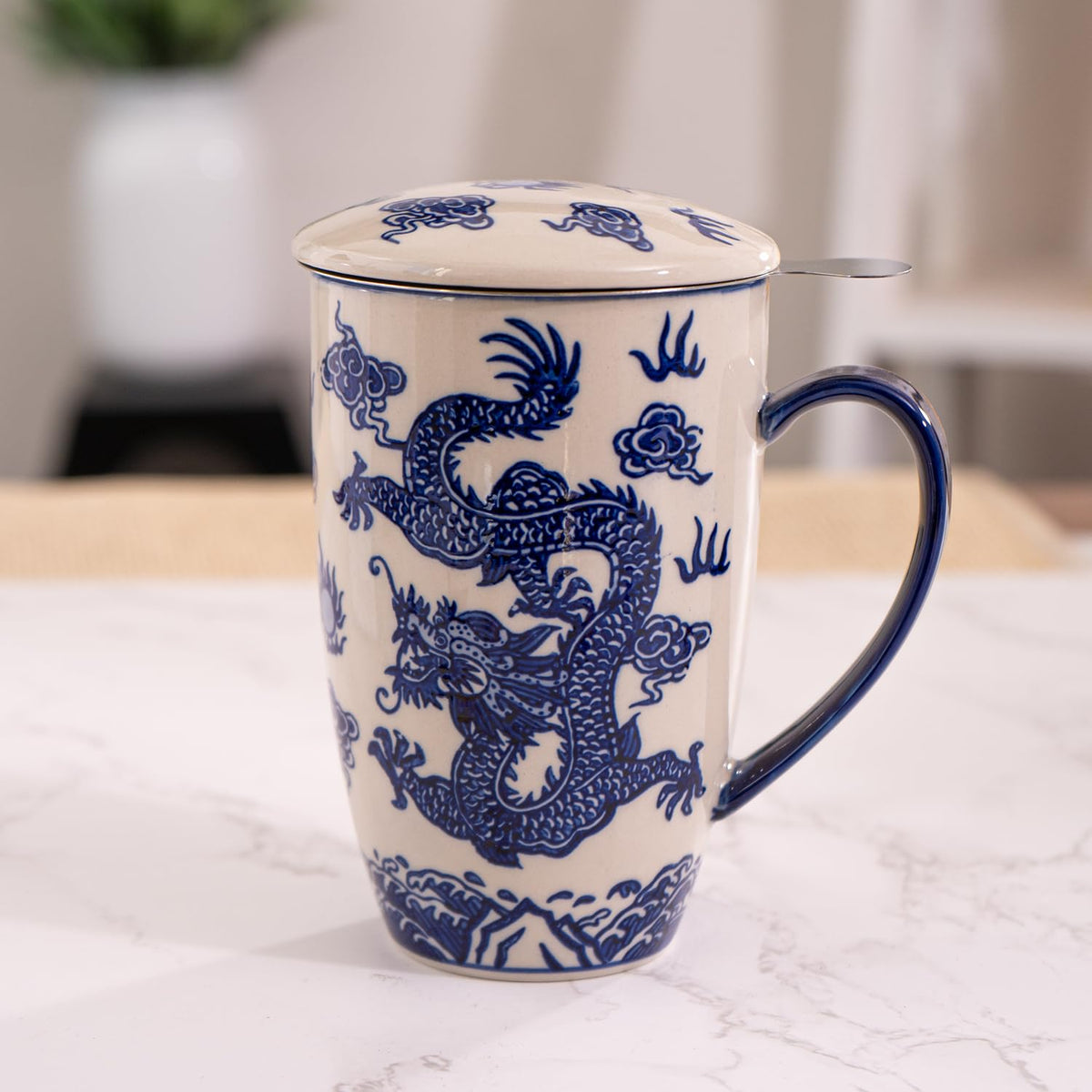 Tea Mug With Lid and Stainless Steel Infuser For Loose Leaf Tea Bag Tea Cup 15oz Porcelain Hot Beverage Everyday Use Home Office