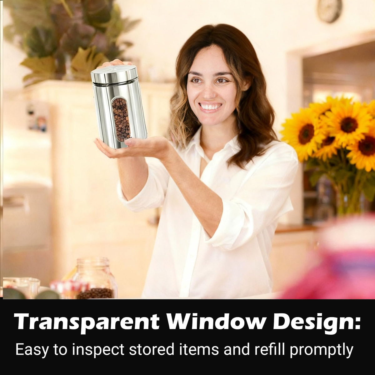 7 Pcs Kitchen Canisters Set with Window Glass 32 oz Stainless Steel Candy Storage Jars with Lids Airtight Coffee Containers for Flour Grains Spices Tea Sugar Cookies Kitchen Decorations (7 Count)