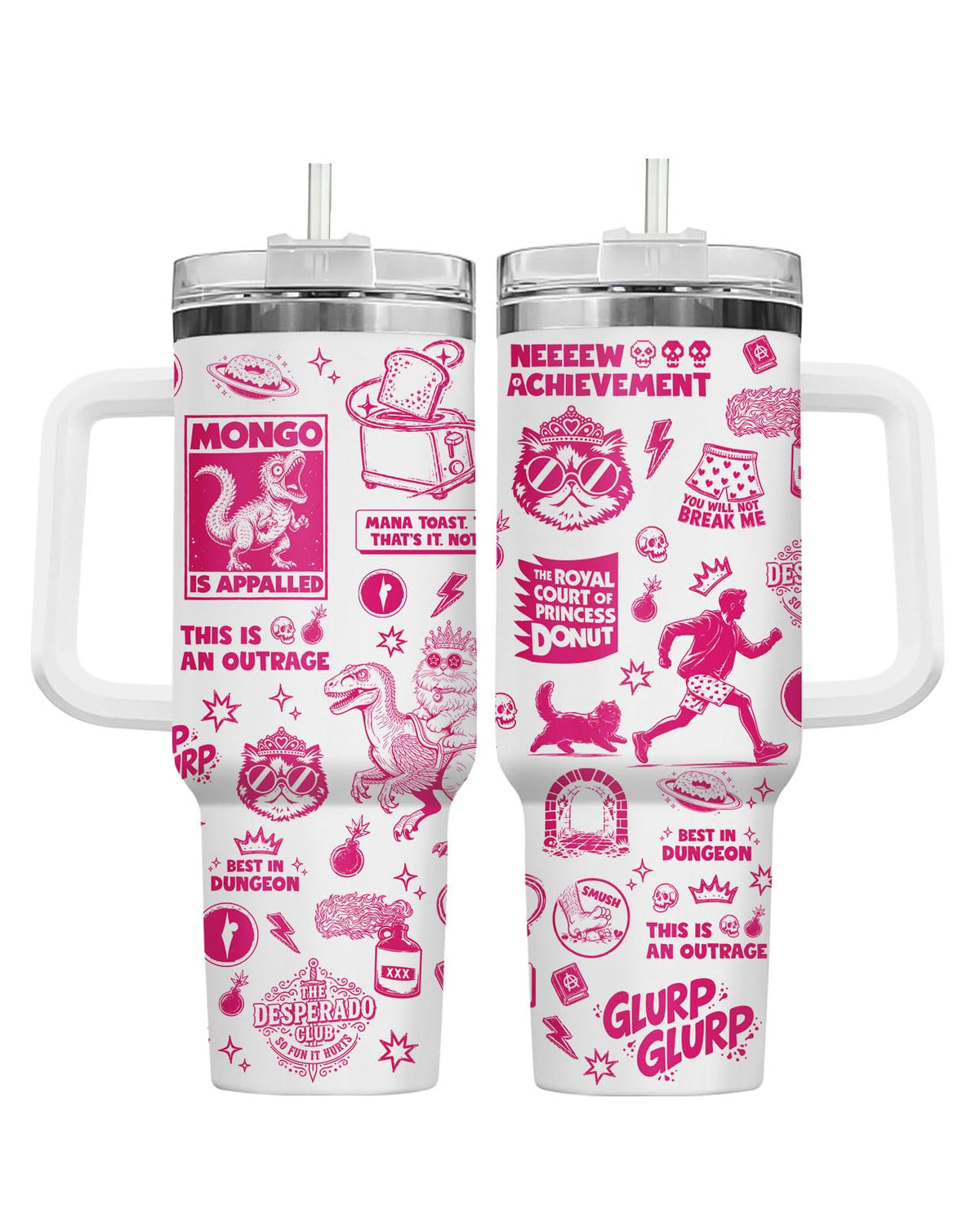 Funny Gamer 40oz Tumbler with Handle Straw Lid Dungeon Cat Dinosaur Meme Insulated Stainless Steel Travel Mug Gifts for Women Men Book Lover Gift