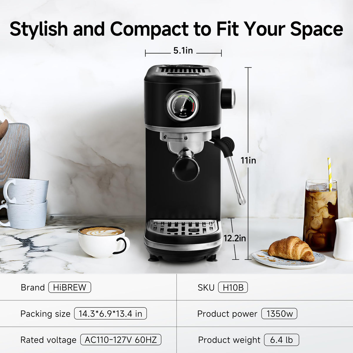 H10B Programmable Espresso Machine with LED Display & Pressure Gauge