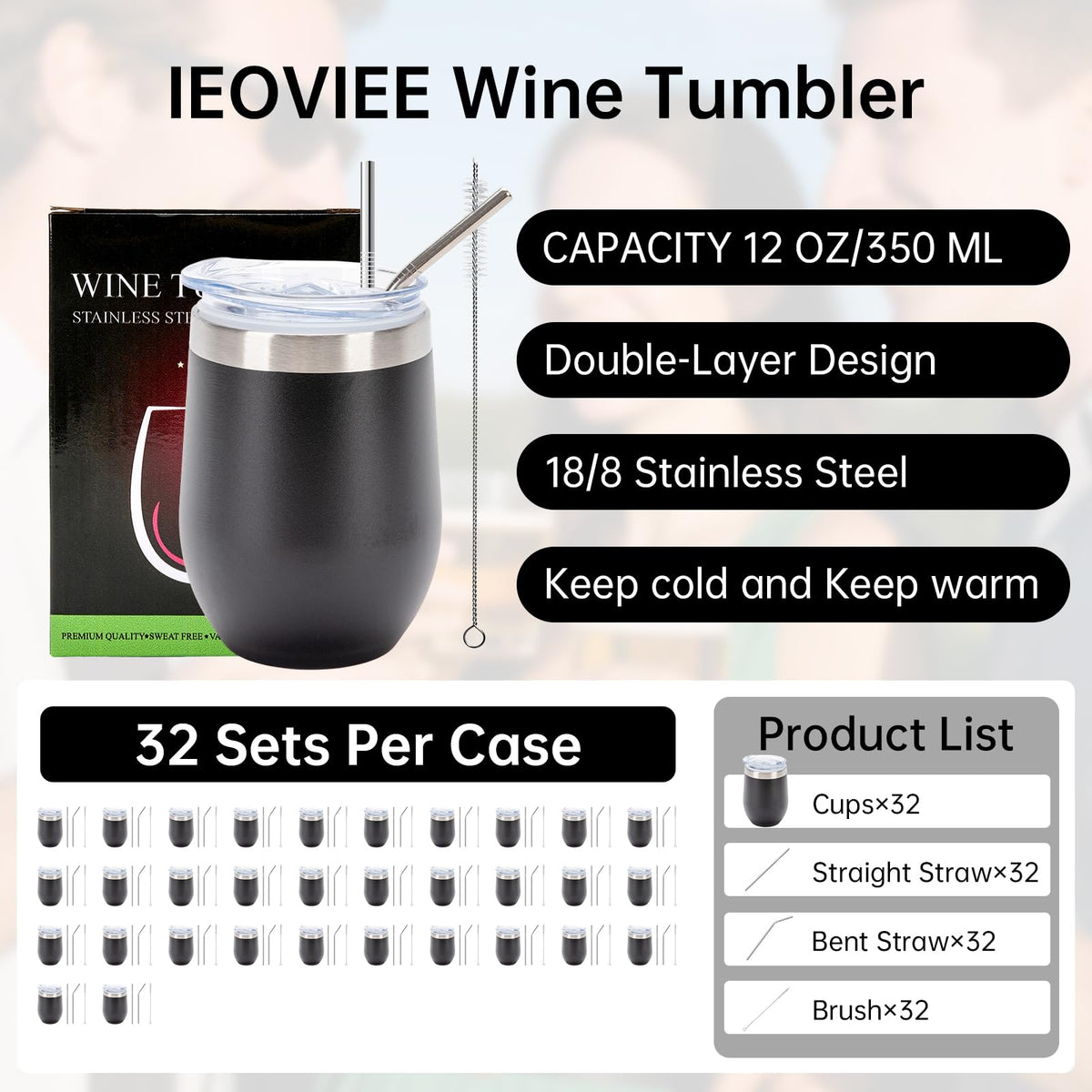 32Pack 12oz Stainless Steel Wine Bulk Tumblers with Lids and Straws (32 Count)