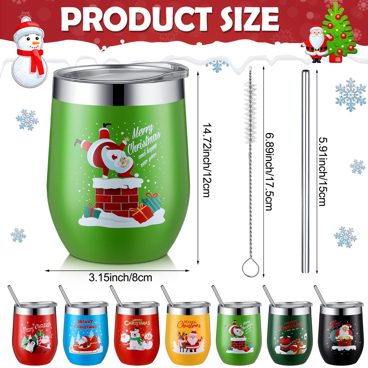 7 Set Christmas Wine Tumbler with Lid Straw Brush (7 Count)