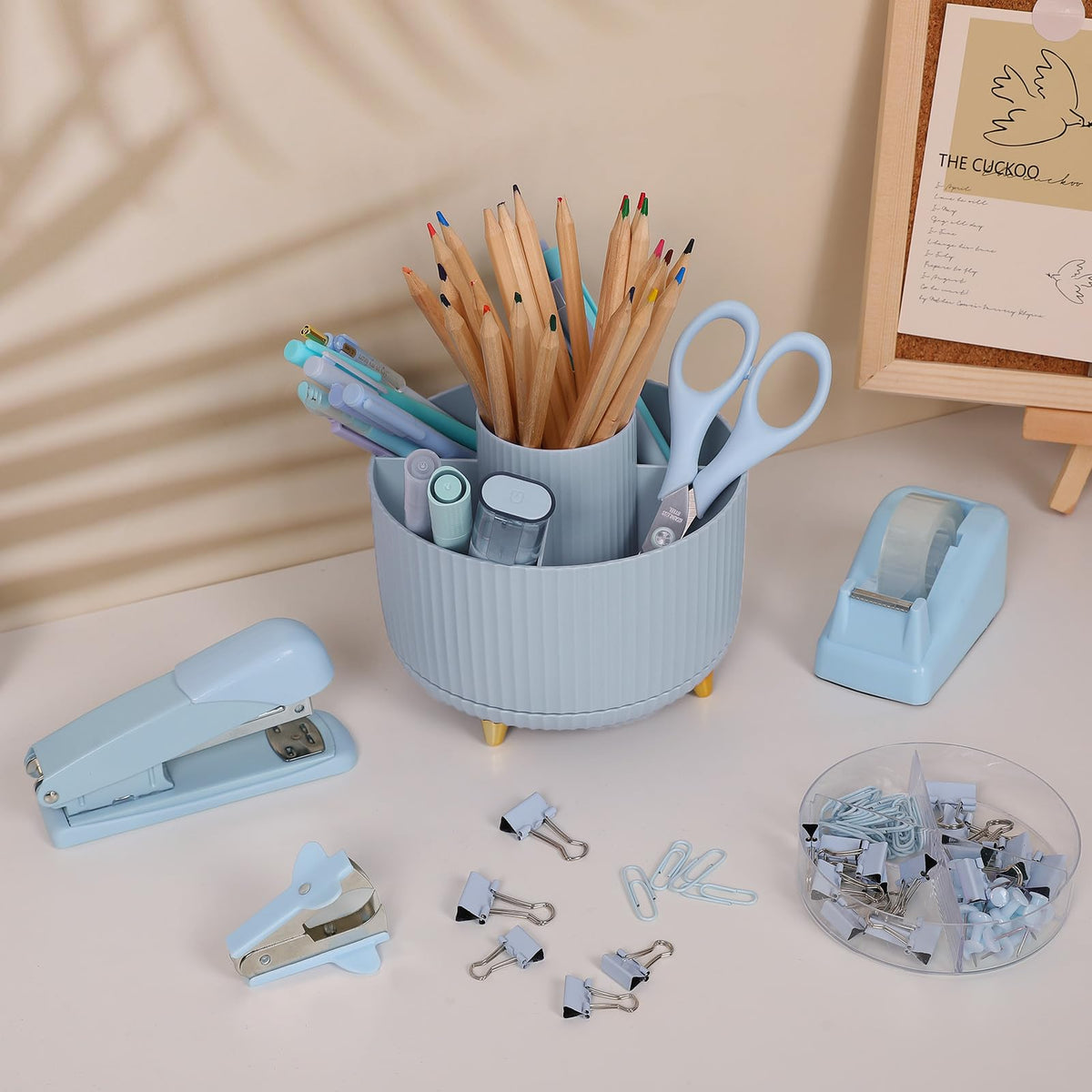 Blue Desk Accessories 11Pcs with Rotating Pen Holder for Desk