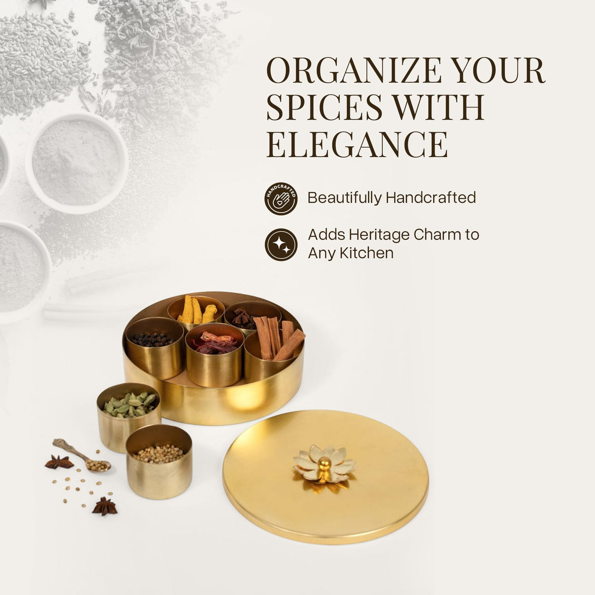 Marble Lotus Handcrafted Brass Masala Dabba