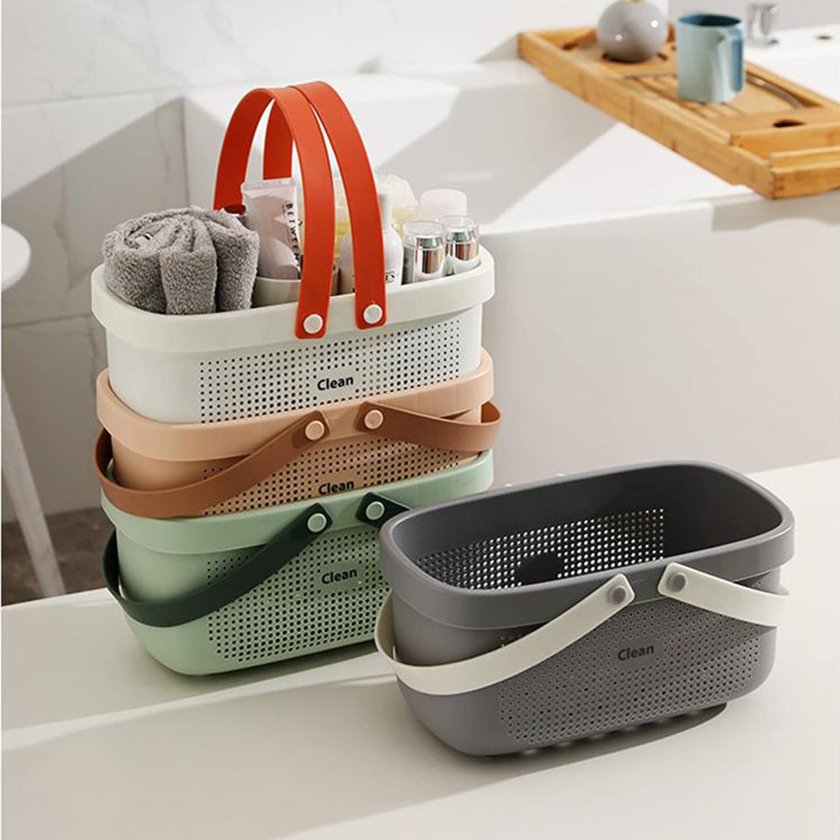 Plastic Storage Basket with Handle Portable Shower Caddy Tote Organizer Basket Bin for Bathroom Kitchen Dorm Room Bedroom