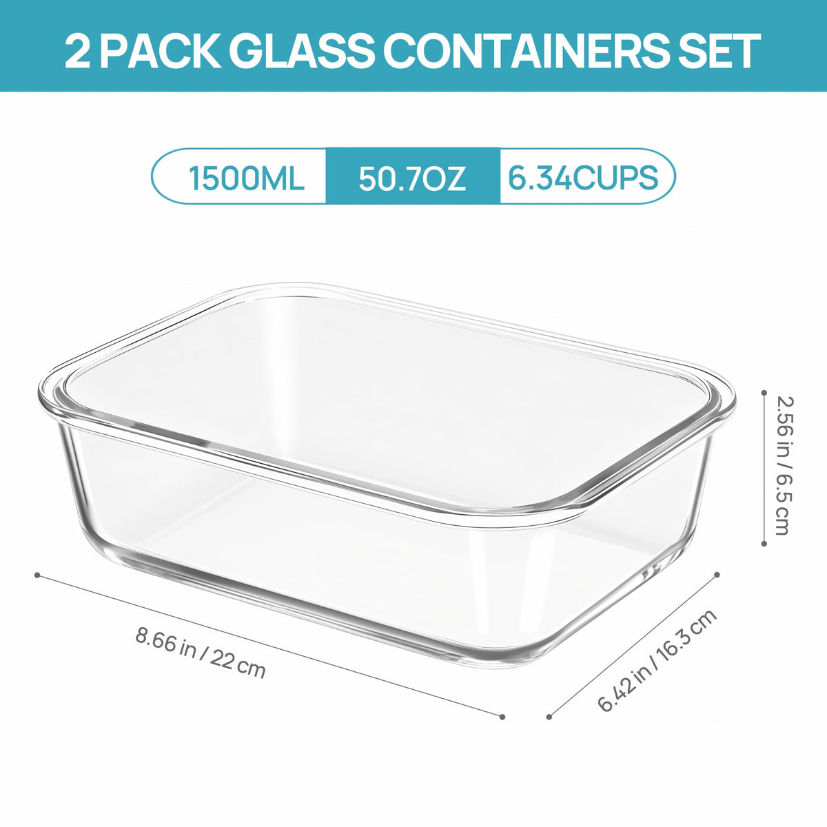 2Pack 1500ml 50.7oz Large Glass Storage Containers With Lids (2 Count)