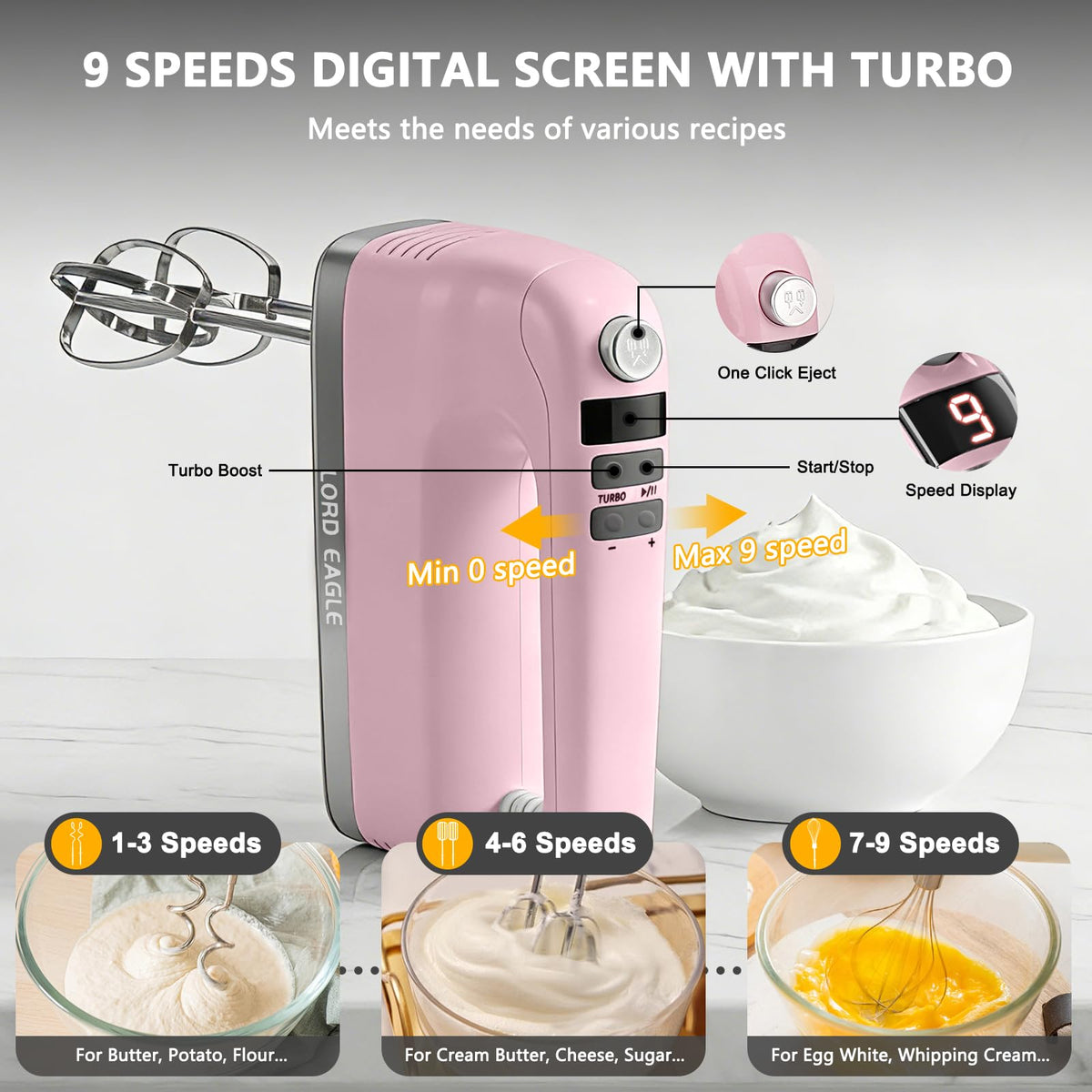 9 Speed Digital Hand Mixer Electric Handheld