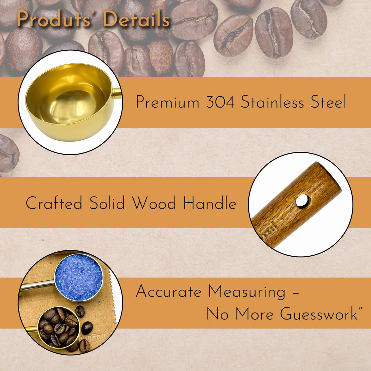 Gold Coffee Scoop with Wooden Handle