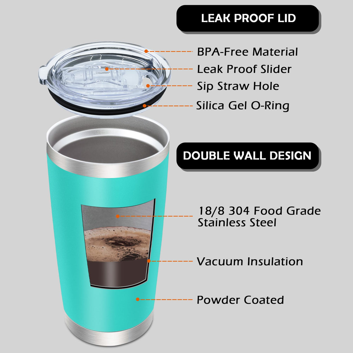20oz Tumbler with Lid Stainless Steel Tumblers Insulated Mug Light Blue 1P