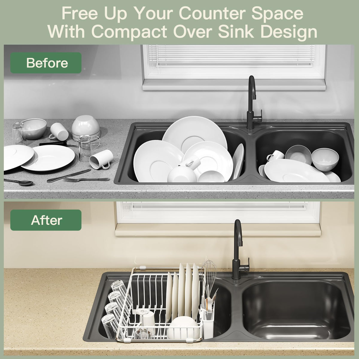 White Dish Drying Rack Over Sink with Utensil Holder