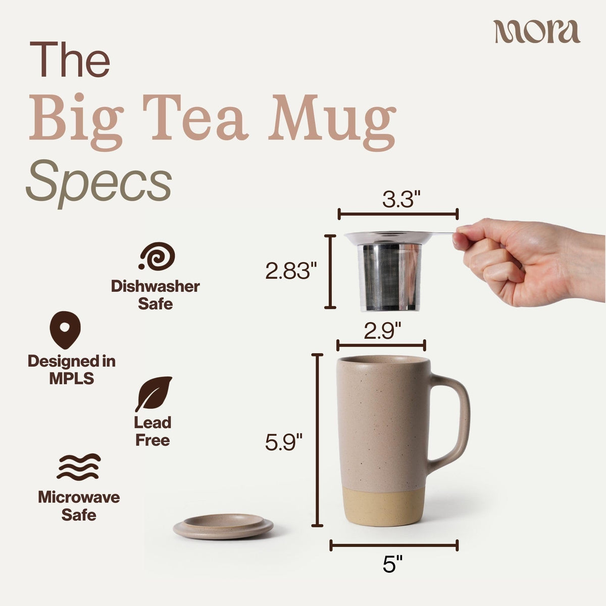 Mora Ceramics Large Tea Mug with Loose Leaf Infuser and Ceramic Lid
