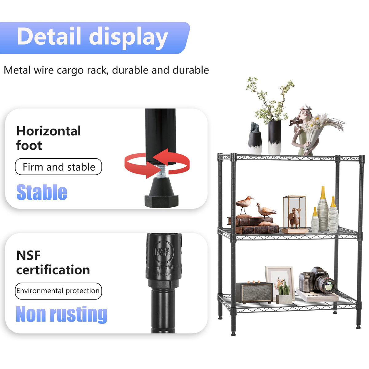 Wire Shelving Units Adjustable Metal Storage Rack 23D x 13W x 30H 3 Tier Pantry Shelves NSF Kitchen Shelf for Kitchen Garage Commercial Small Places