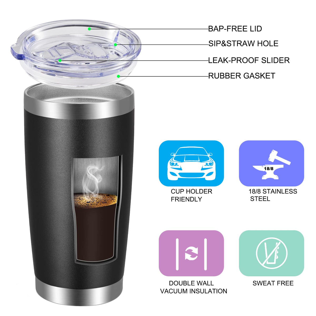 20oz Tumbler with Lid and Straw Stainless Steel Tumbler Cup Bulk Vacuum Insulated Double Wall Travel Coffee Mug Powder Coated Coffee Cup (6 Count)