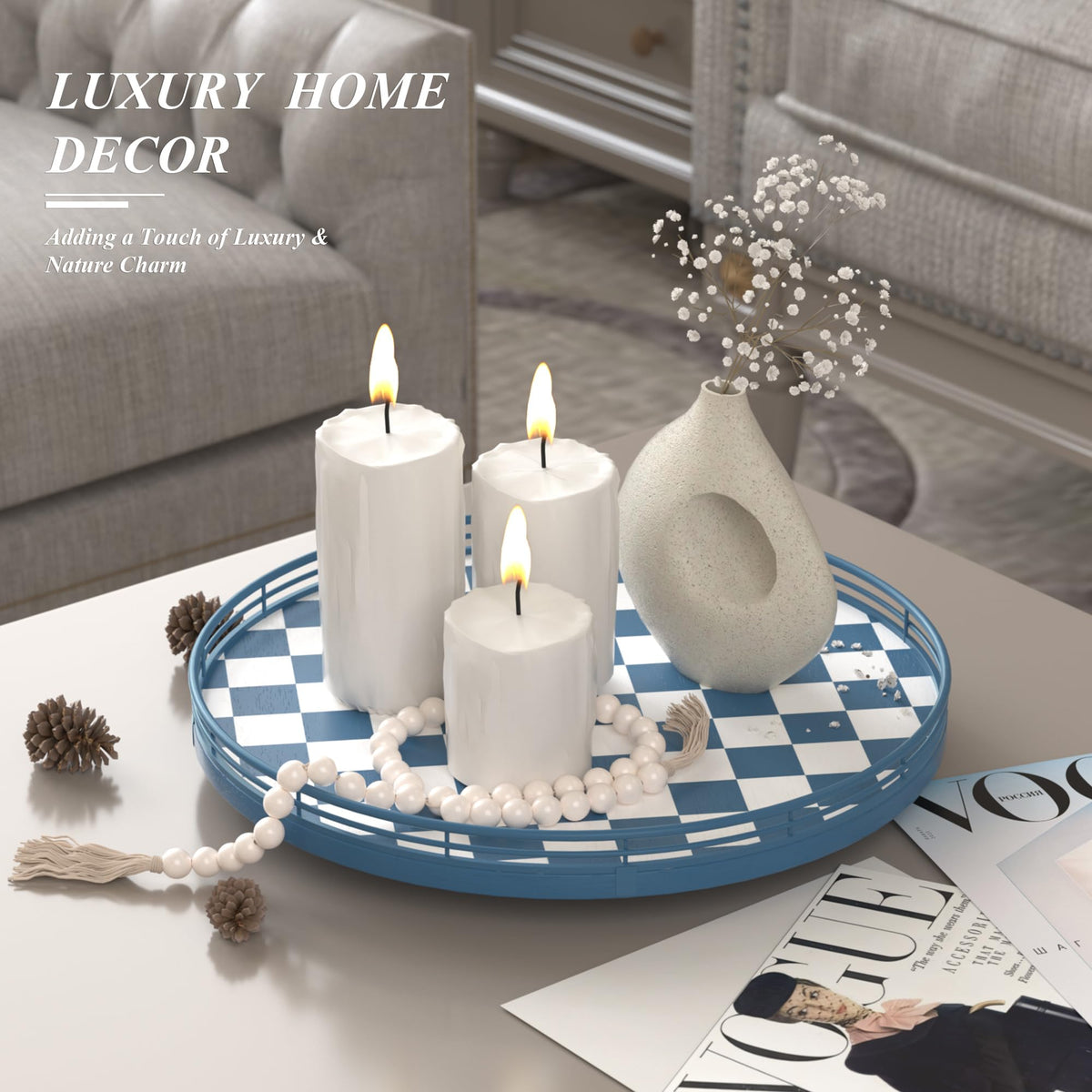 Blue and White Checkerboard Lazy Susan with Rubberwood Base and Metal Rail