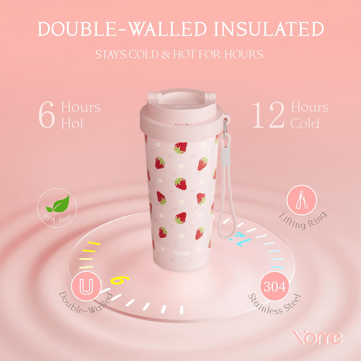 17oz Strawberry Pink Ceramic Lined Insulated Coffee Mug with Infuser for Women
