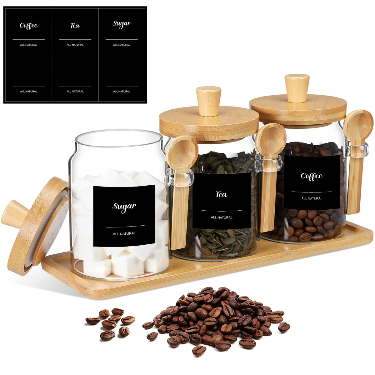3 Pcs Glass Coffee Container with Wooden Lid Spoon Shelf Labels Clear Airtight Jar Food Storage Canister Set for Sugar Spice Coffee Bean Holder Housewarming Gift (3 Count)