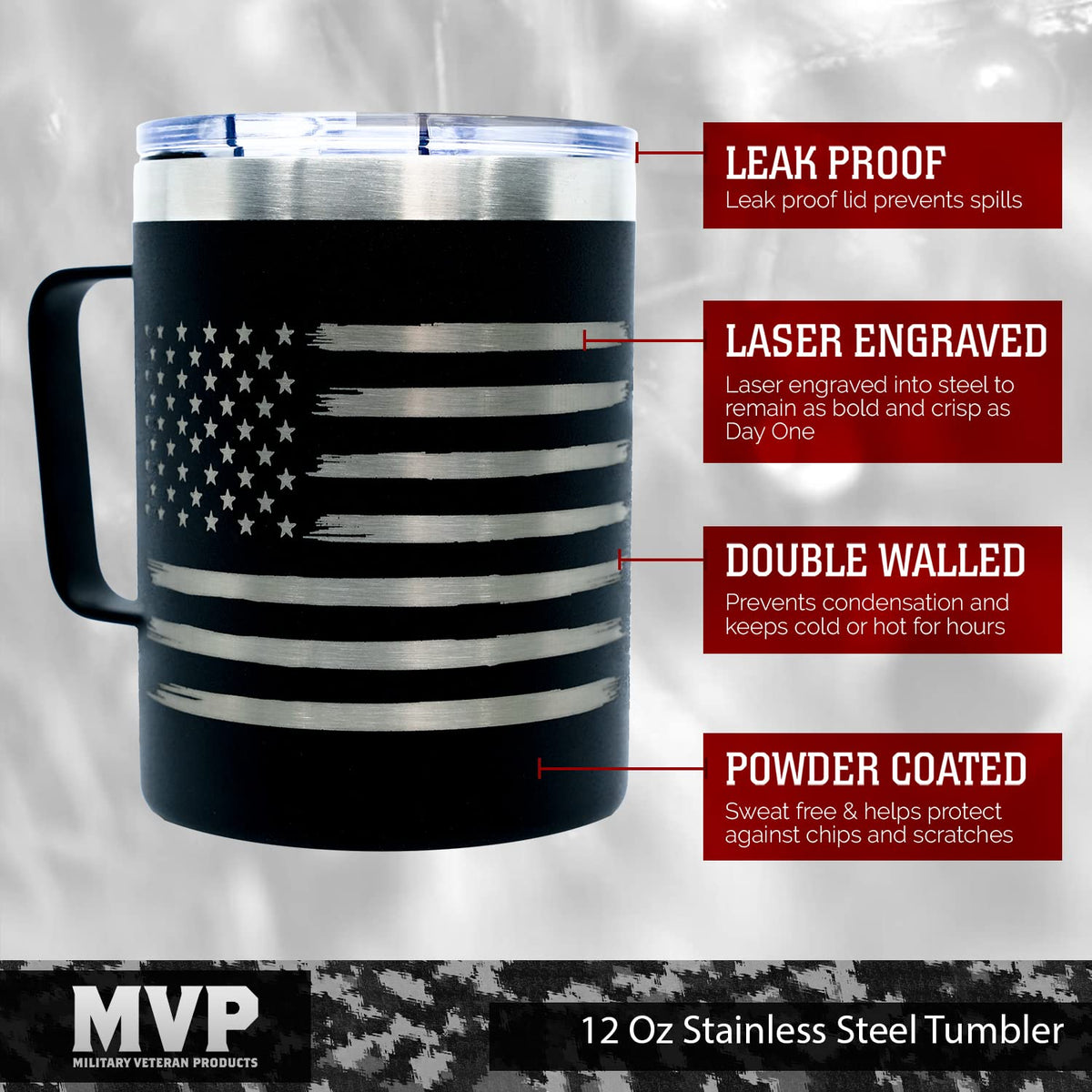 12 Oz American Flag Black Double Wall Vacuum Insulated Stainless Steel USA