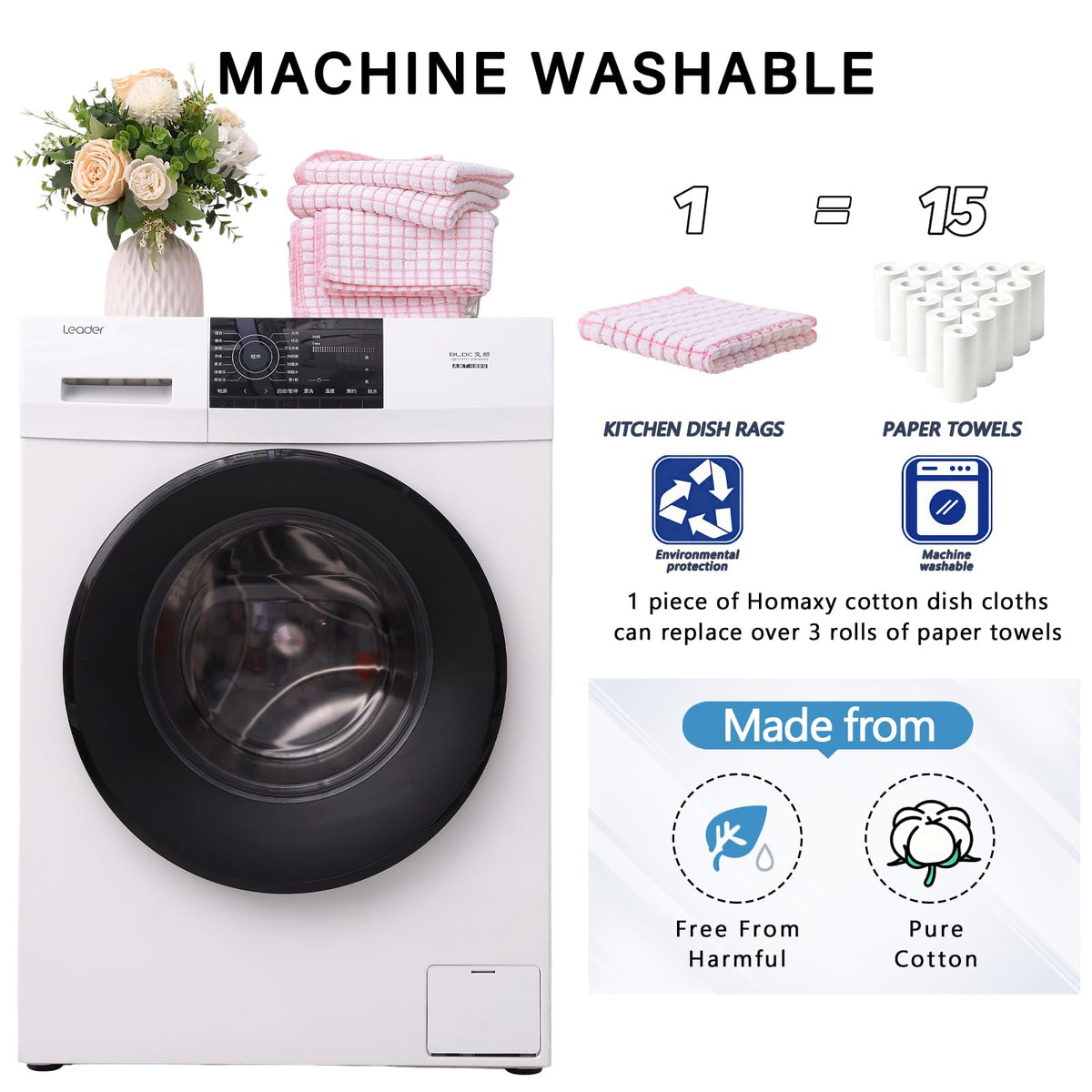 Cotton 16 Pack Kitchen Towels and Dishcloths Sets (16 Count)