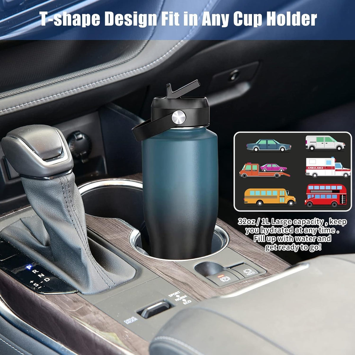 40 oz Insulated Water Bottle with Straw fit in Car Cup Holder