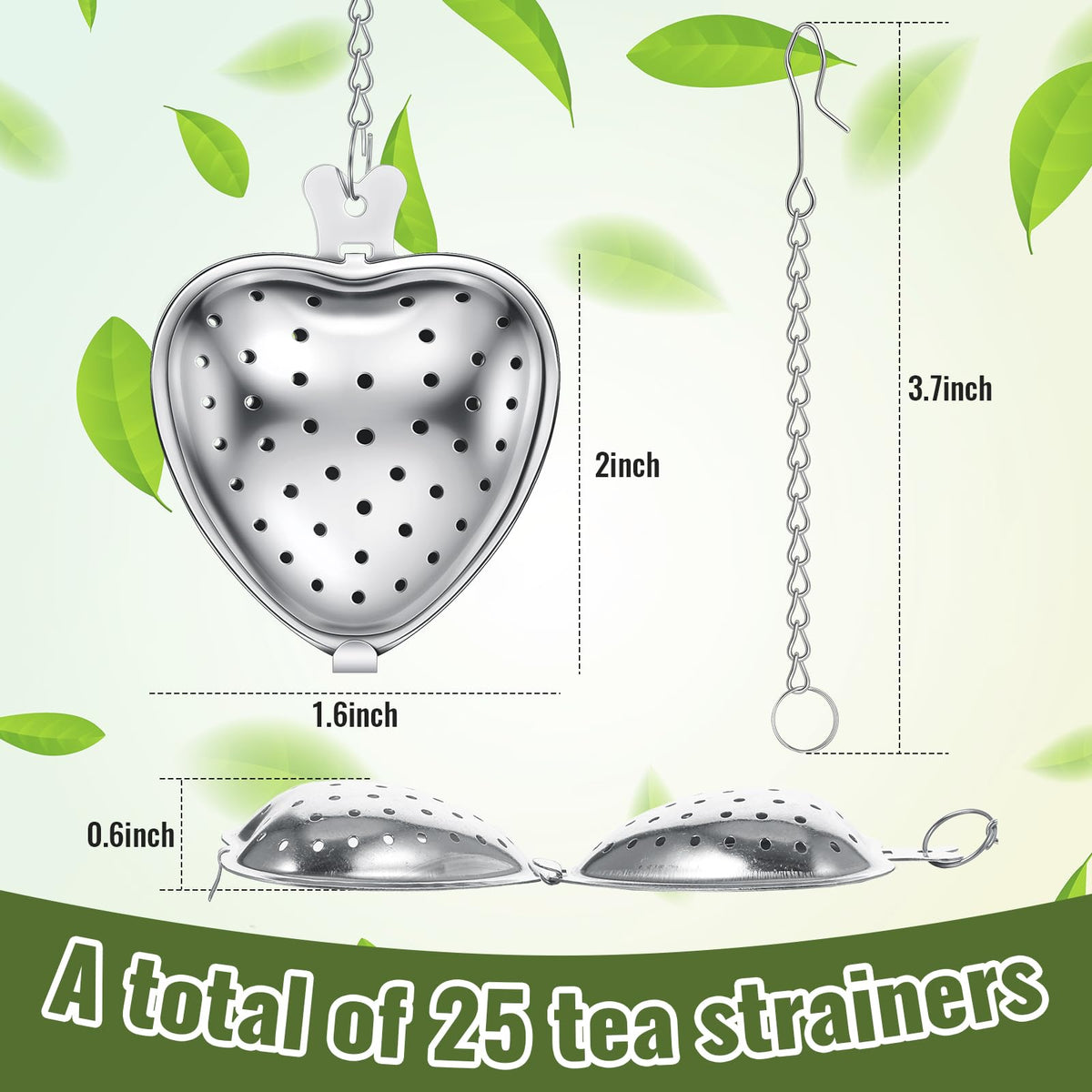 25 Pcs Heart Tea Strainer Stainless Steel Ball Infuser Loose Leaf Steeper Interval Diffuser Mesh Filters with Extended Chain Hook for Cup Bottle Tea Party Wedding Bridal Shower