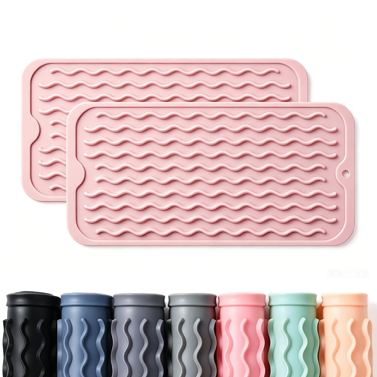 2 Pack Caketime Silicone Dish Drying Mat for Kitchen Counter Under Sink Storage Near Bathroom Faucet Heat Resistant Pad for Stove Top Placemats Soap Holder Stone Dryer Organizer 12"x6" Pink