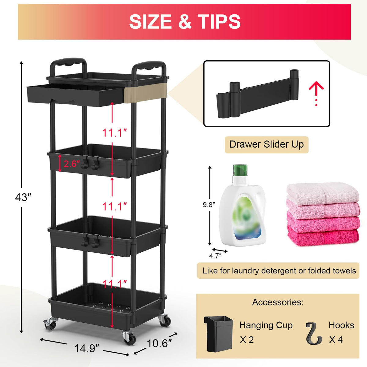 4 Tier Rolling Utility Cart Organizer with Removable Drawer