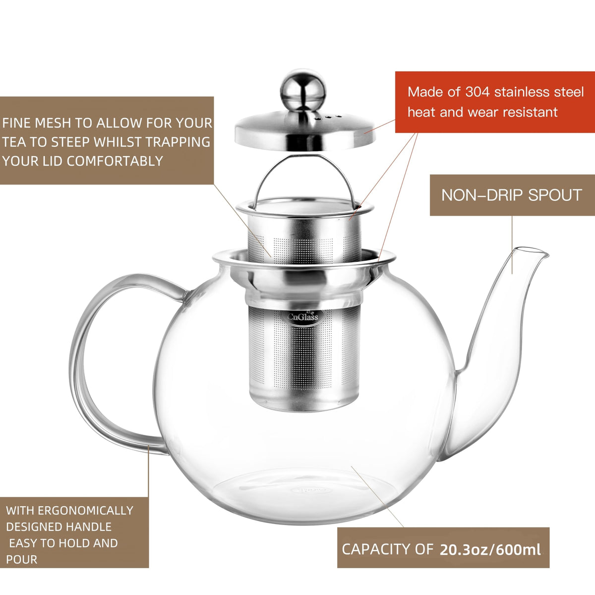600ml Glass Teapot with Removable Infuser