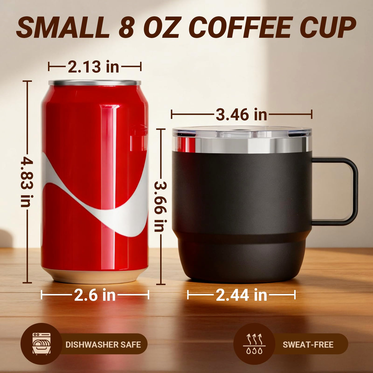 8 oz Small Coffee Mug with Magnetic Sliding Lid & Handle (2 Count)