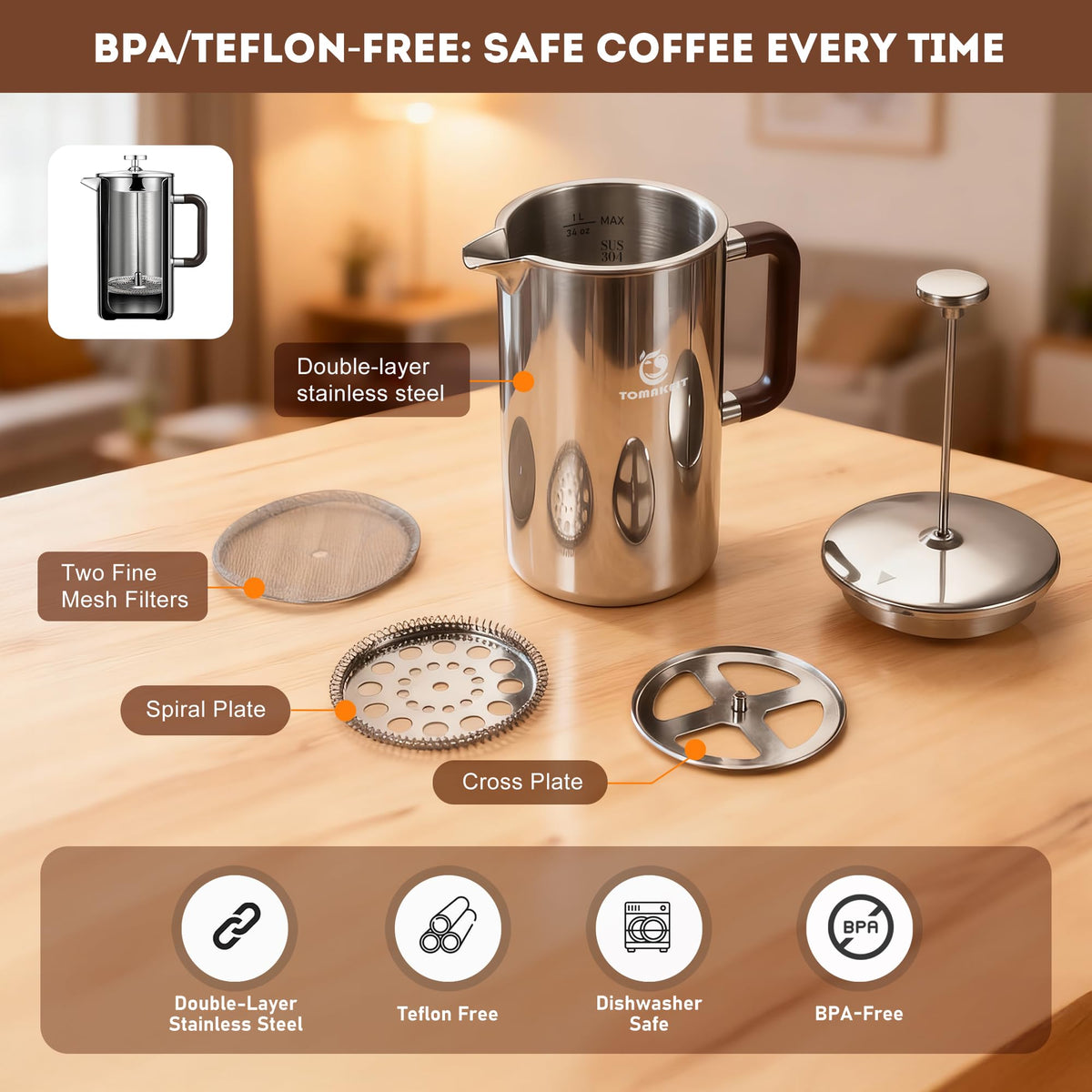 1L 34 Oz French Press Coffee Maker