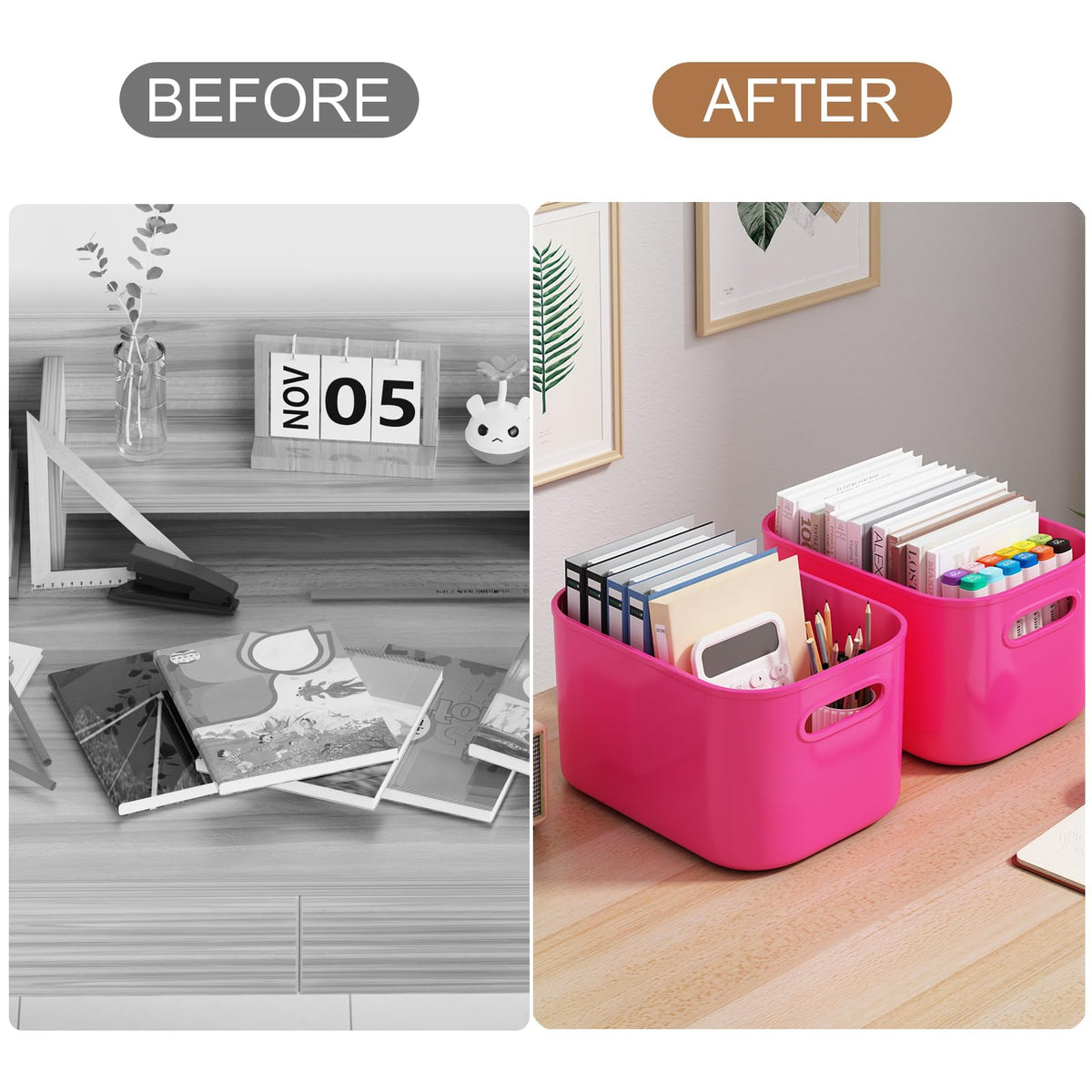 8 Pack Pink Storage Bins with Lids Stackable Storage Container for Organizing (8 Count)