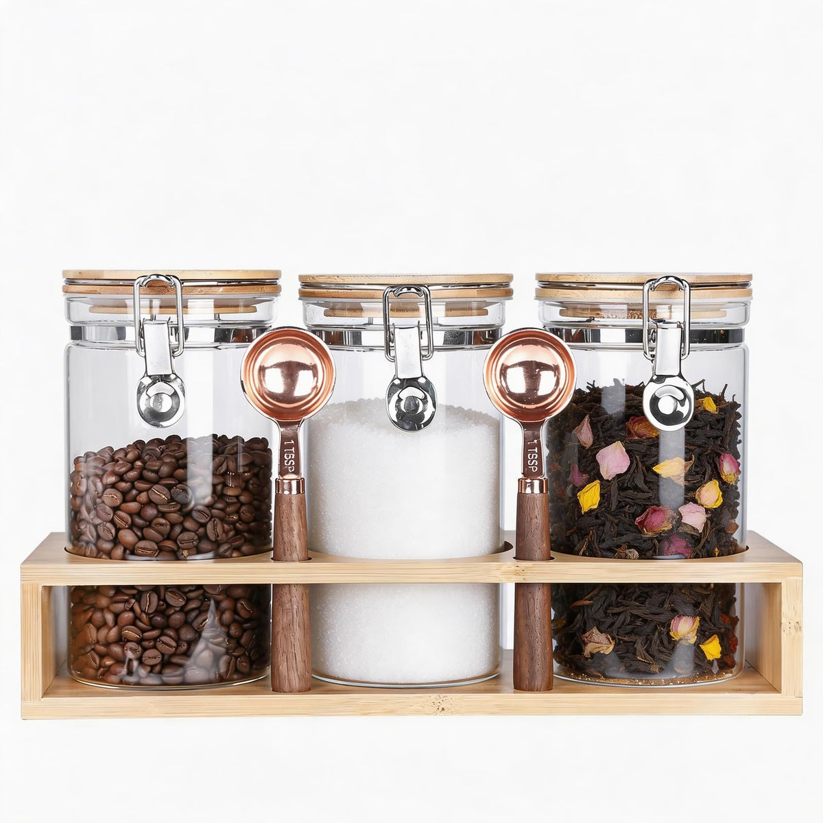 KKC Glass Coffee Jar Set of 3 with Bamboo Lids & Spoons (3 Count)