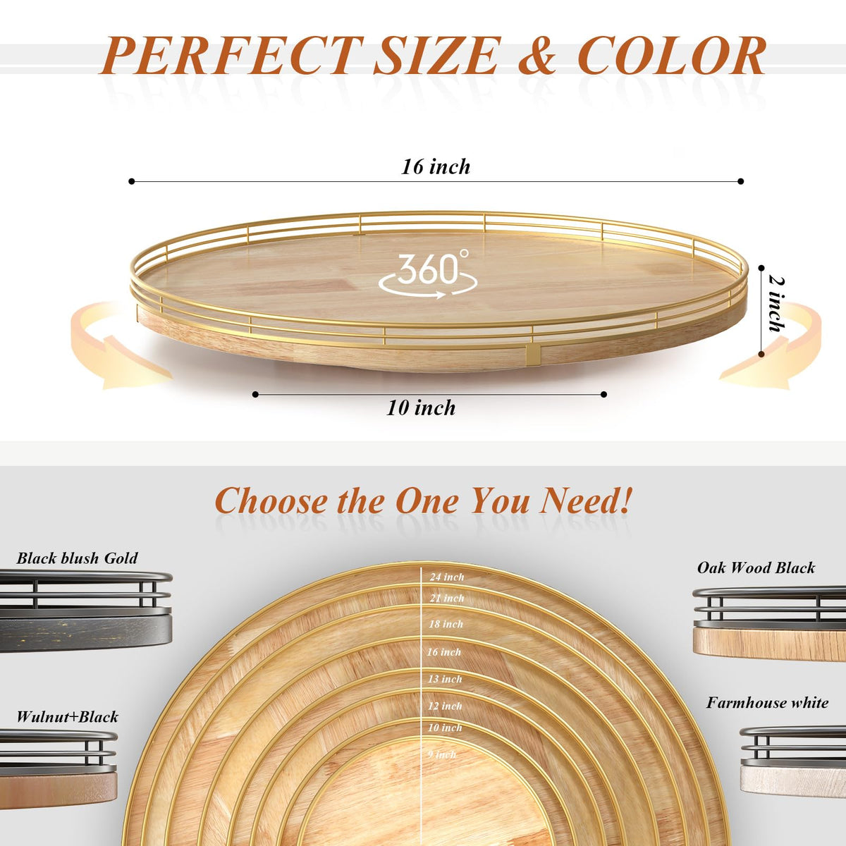 16 Inch Rustic Lazy Susan with Solid Oak Base and Black Iron Rail
