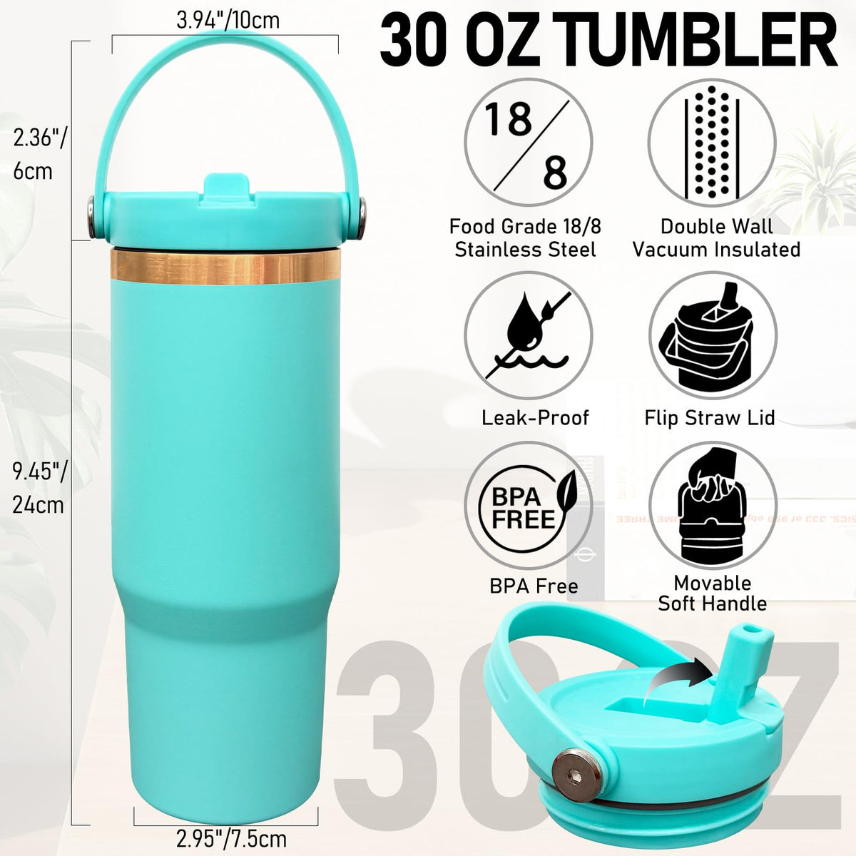 30 oz Tumbler Bulk with Top Handle and Flip Straw MintGreen