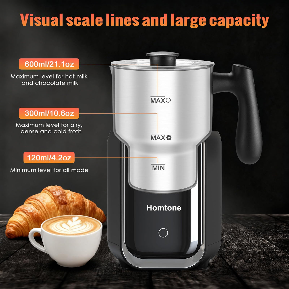 Upgrade 5-in-1 Milk Frother Electric Milk Frother, 21 oz Induction Milk Frother, 120V Removable Stainless Steel Automatic Milk Steamer for Latte, Hot Chocolate, Hot & Cold Foam