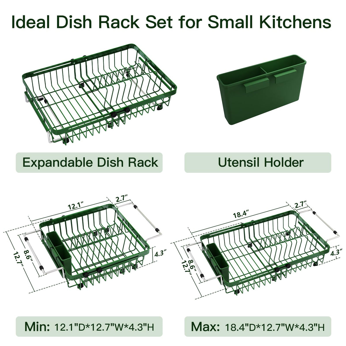 Green Dish Drying Rack Over The Sink with Utensil Holder