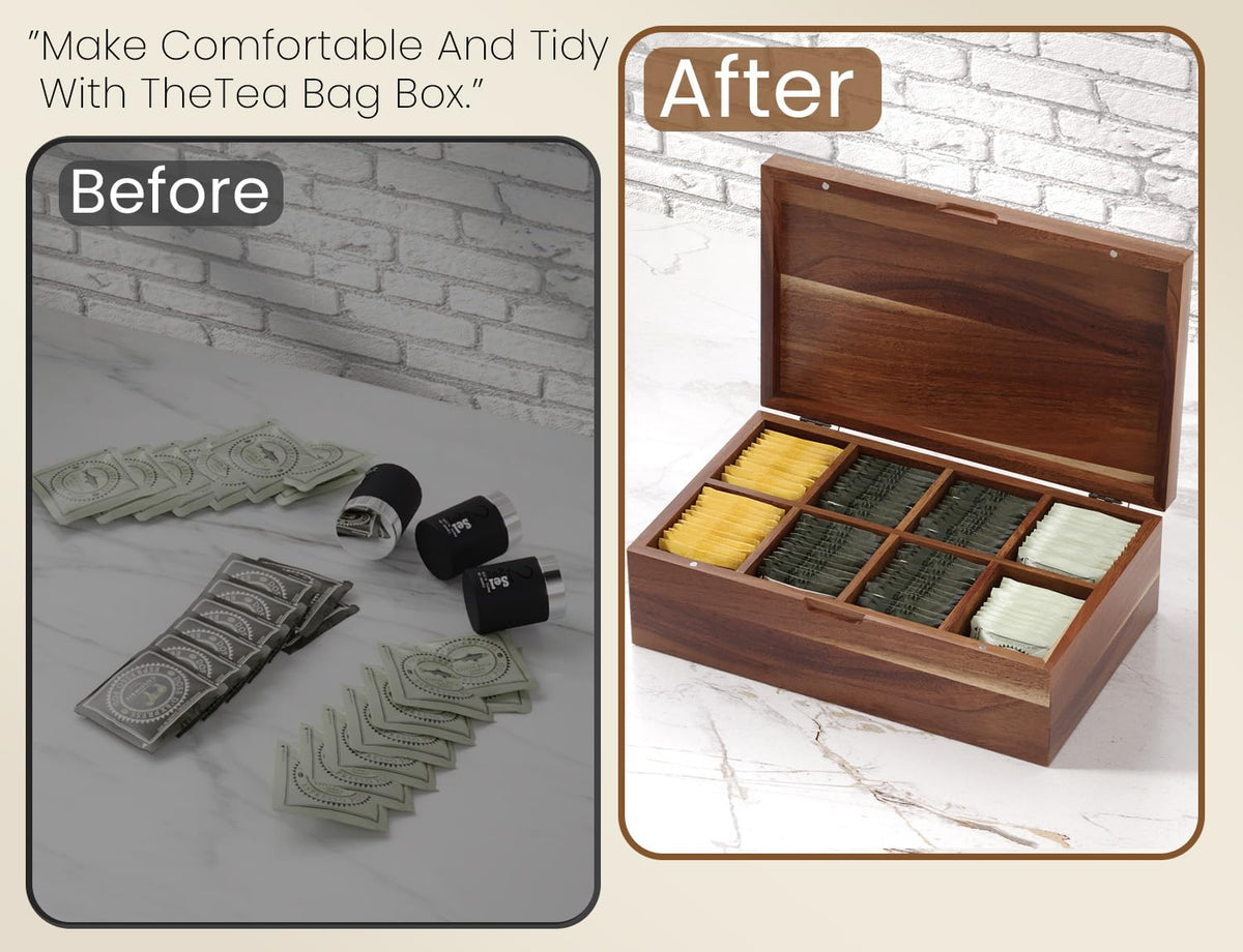 Acacia Wood Tea Bag Storage Box with 8 Compartments