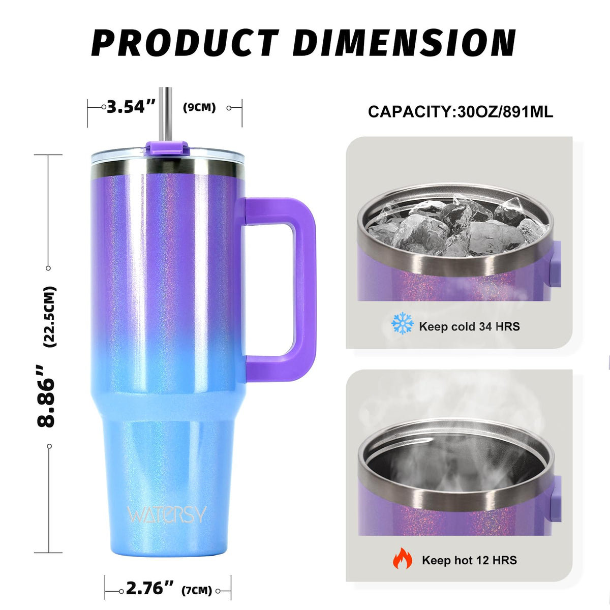 30 oz Shiny Tumbler with Handle and Straw