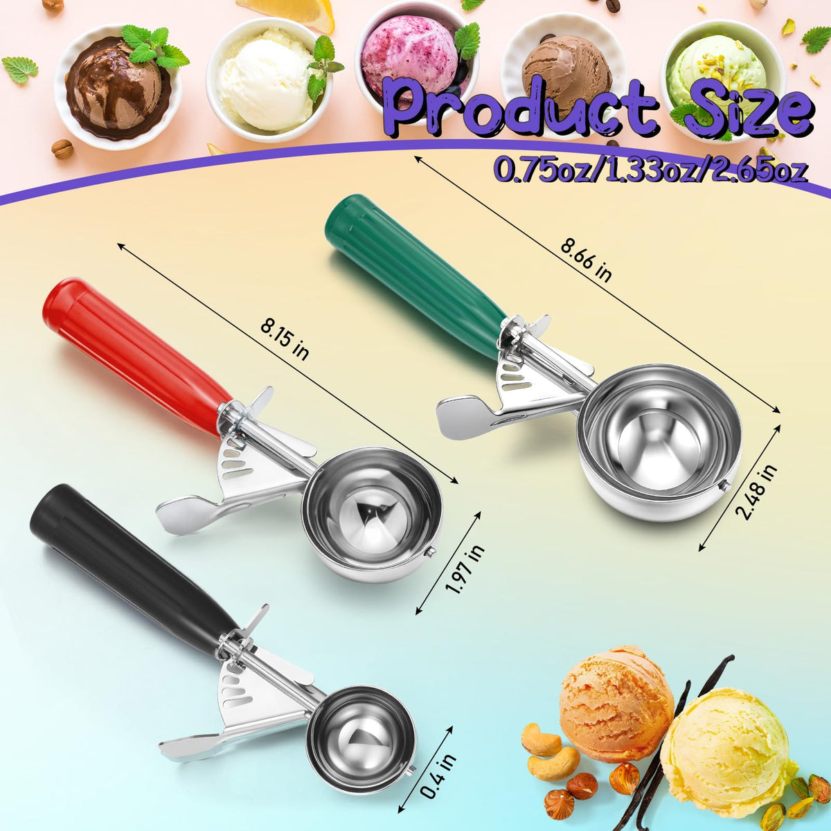 3 Pcs Release Cookie Scoops Ice Cream Scooper with Trigger Release Portion Scoop Stainless Steel for Portion Control (3 Count)