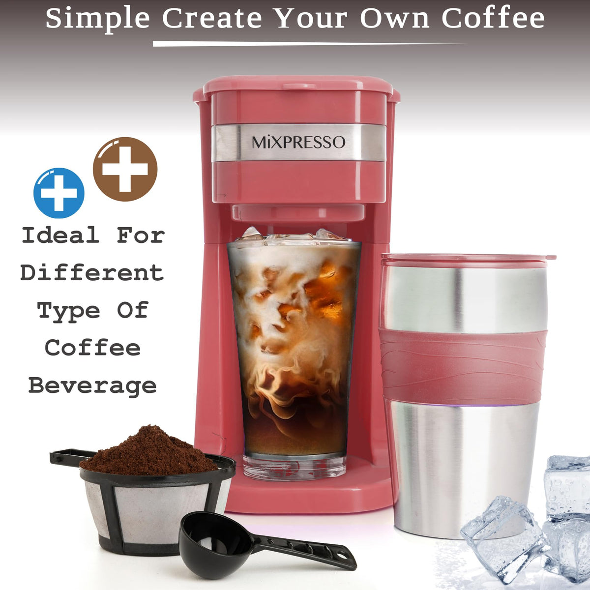 Single Serve & Single Cup Coffee Maker with 14oz Travel Mug Red