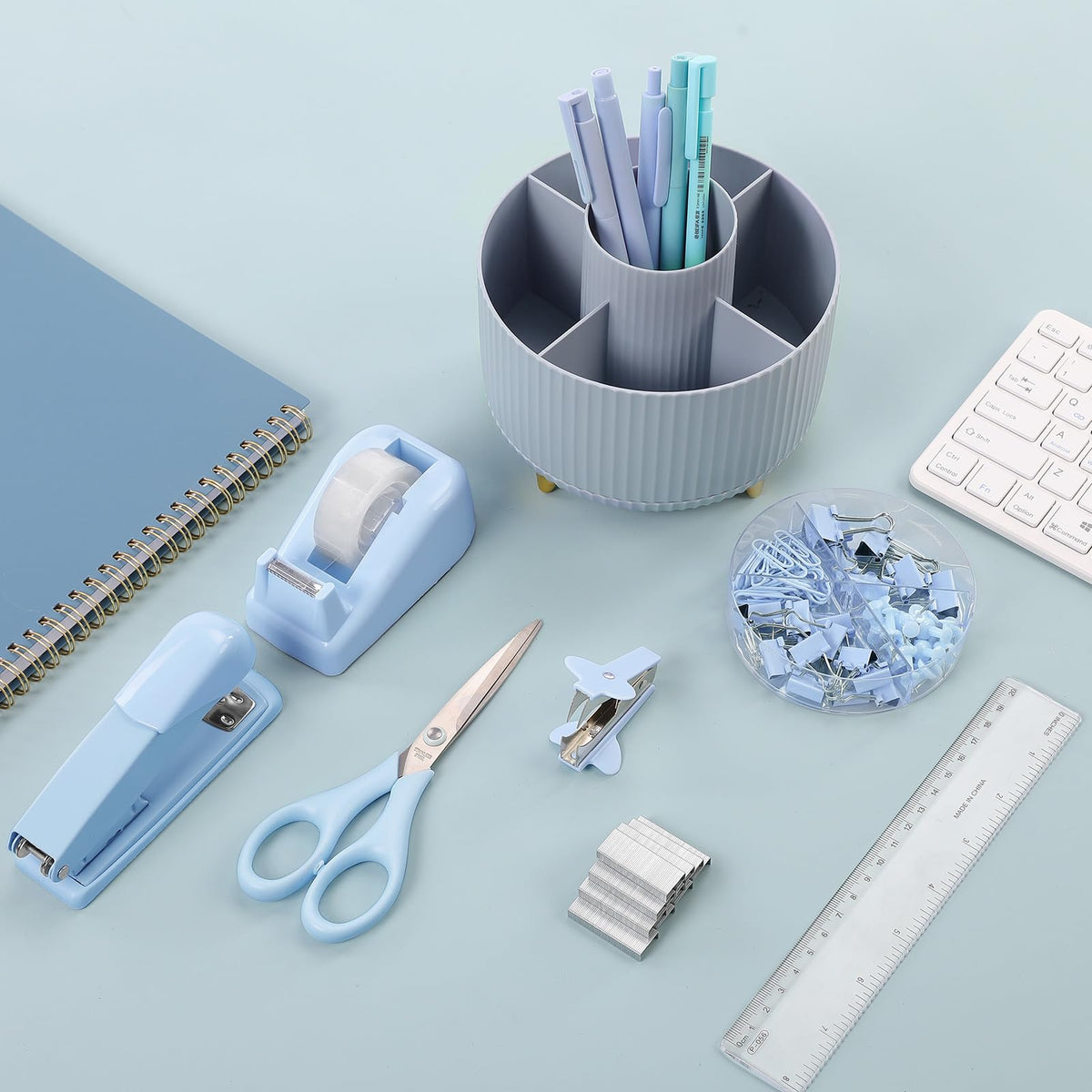 Blue Desk Accessories 11Pcs with Rotating Pen Holder for Desk