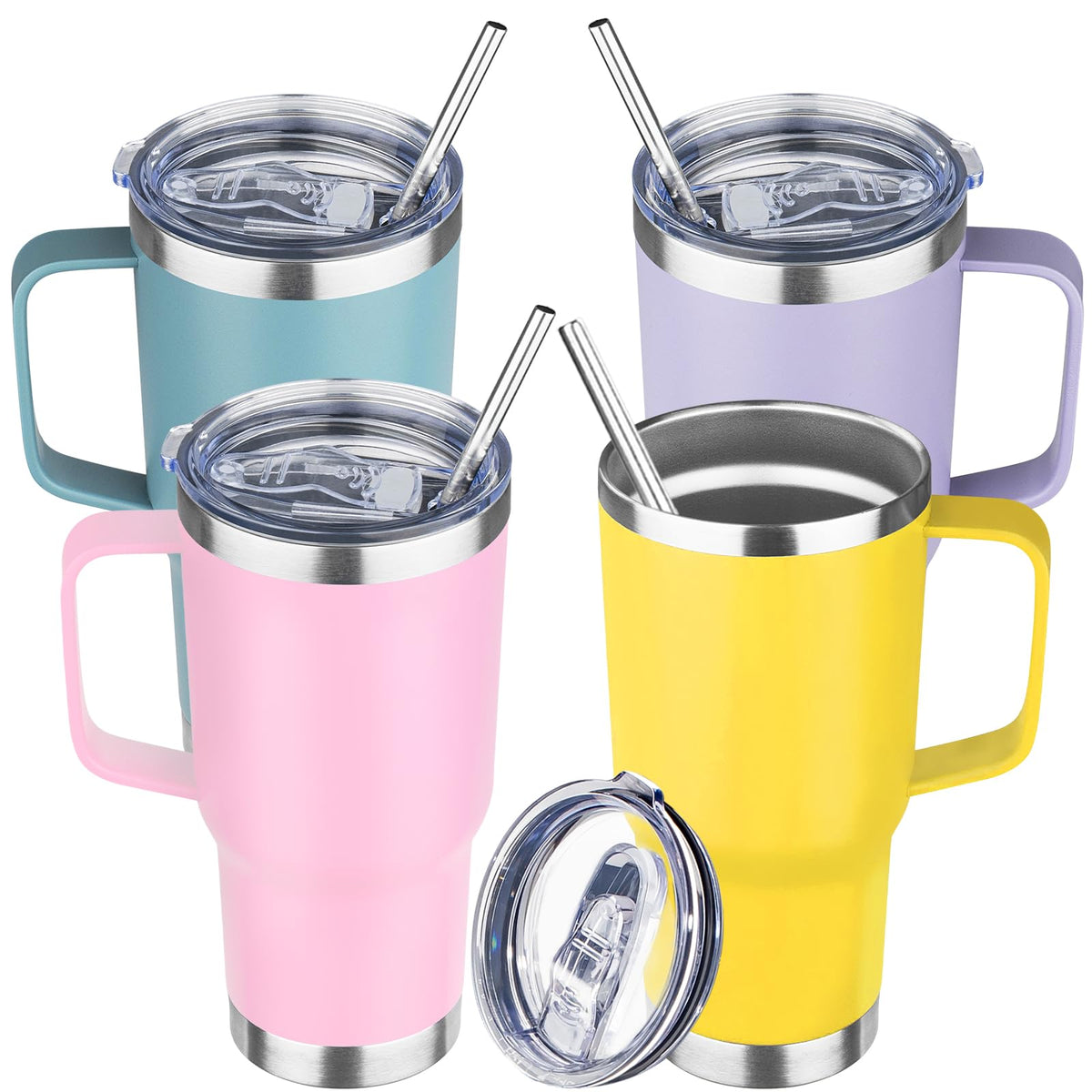 20oz Stainless Steel Insulated Tumbler with Handle and Lid (4 Count)