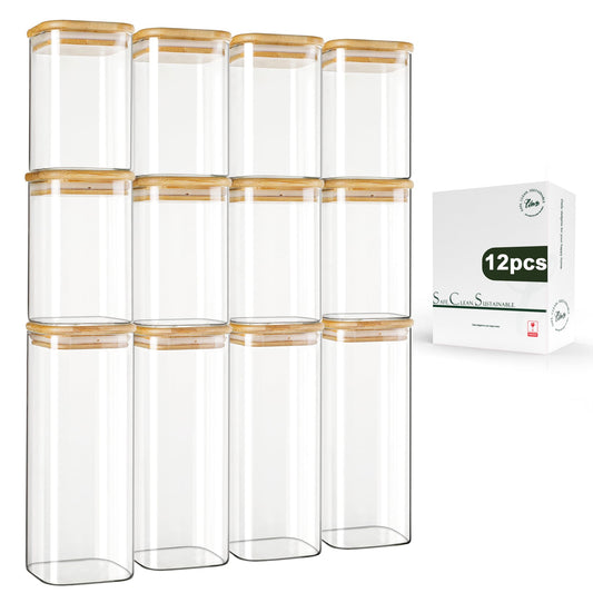 12 Pack Square Glass Storage Jars with Bamboo Lids (12 Count)