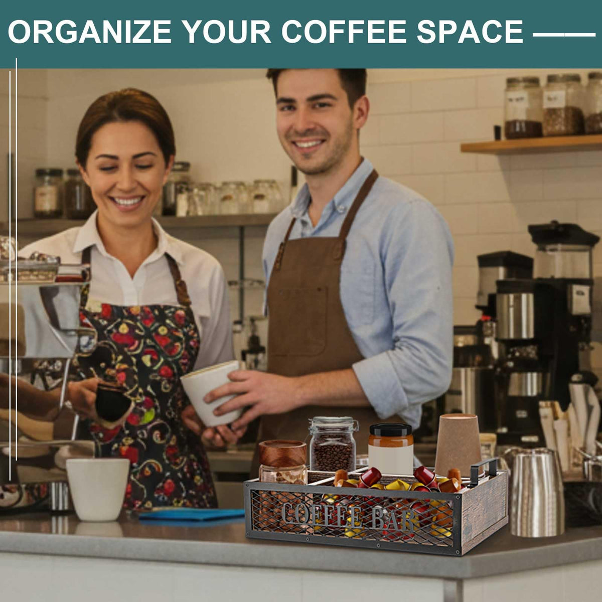 Coffee Organizer for Countertop Wood Bar