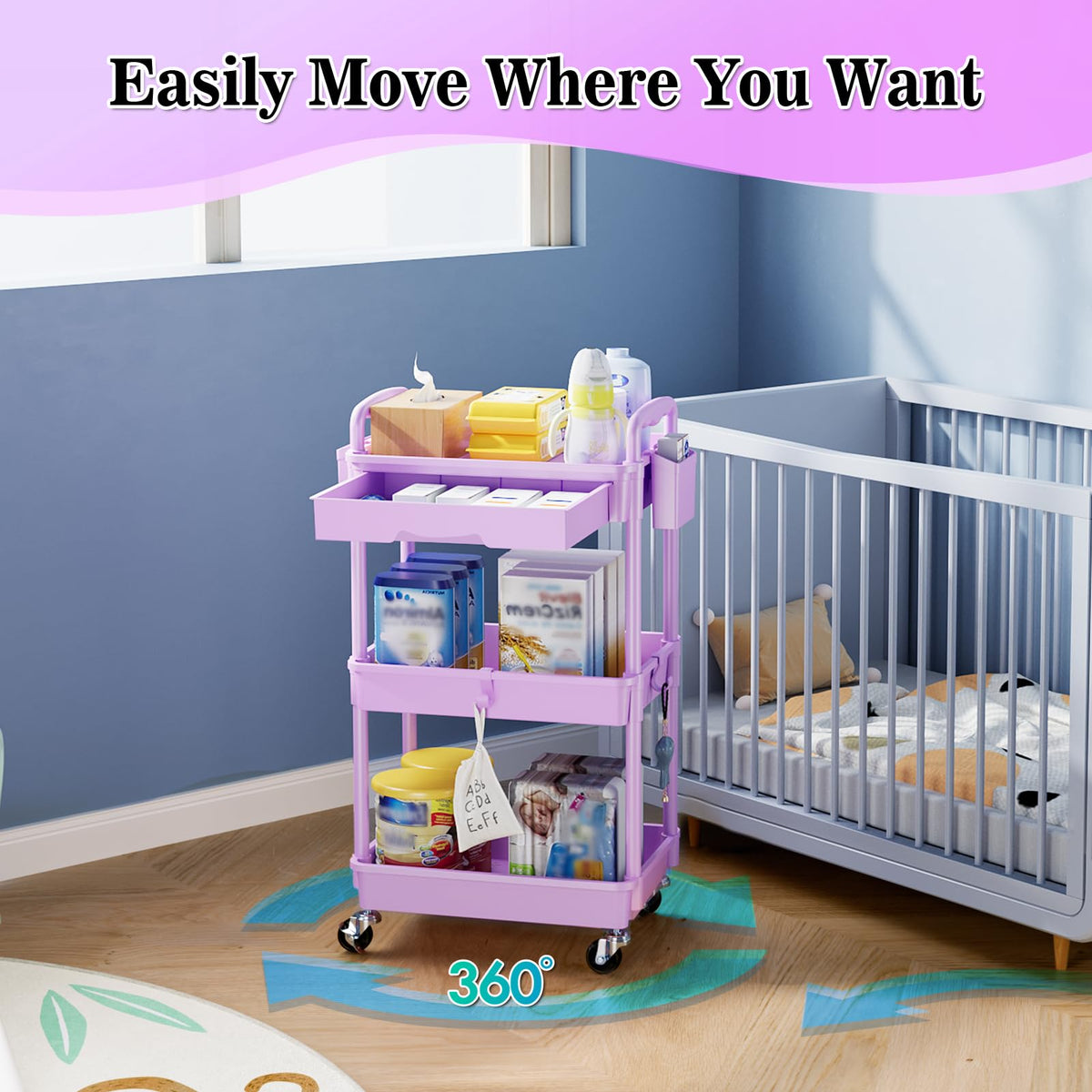 3 Tier Rolling Cart with Drawer