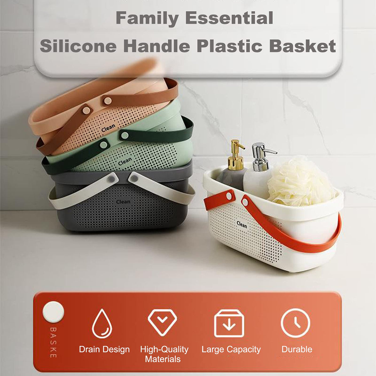 Plastic Storage Basket with Handle Portable Shower Caddy Tote Organizer Basket Bin for Bathroom Kitchen Dorm Room Bedroom