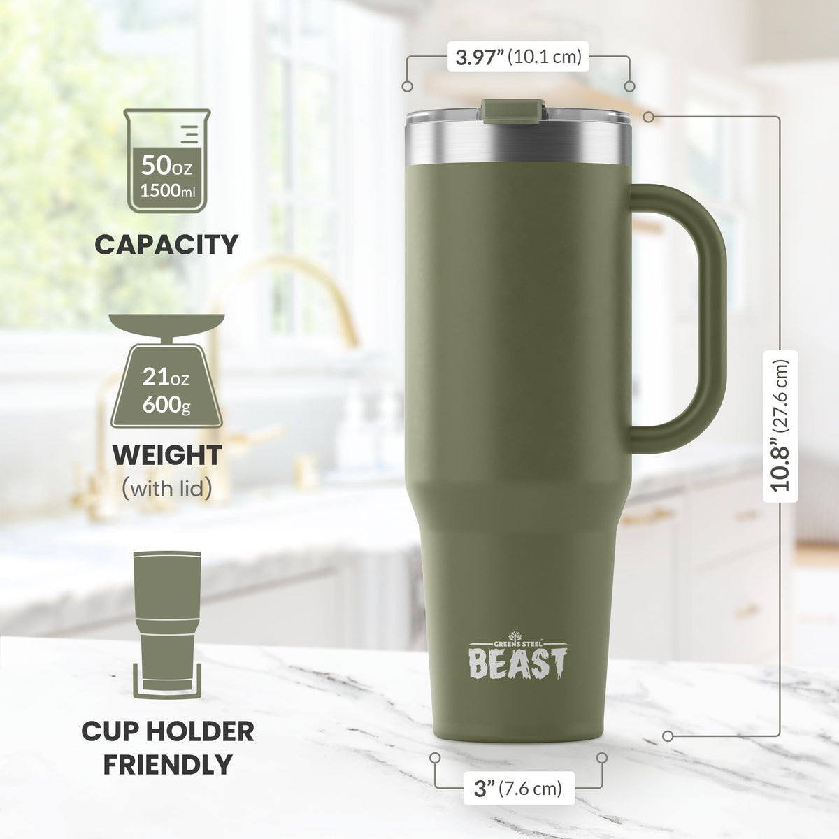 Beast 50 oz Tumbler with Handle Stainless Steel Vacuum Insulated Coffee Ice Cup Double Wall Travel Flask