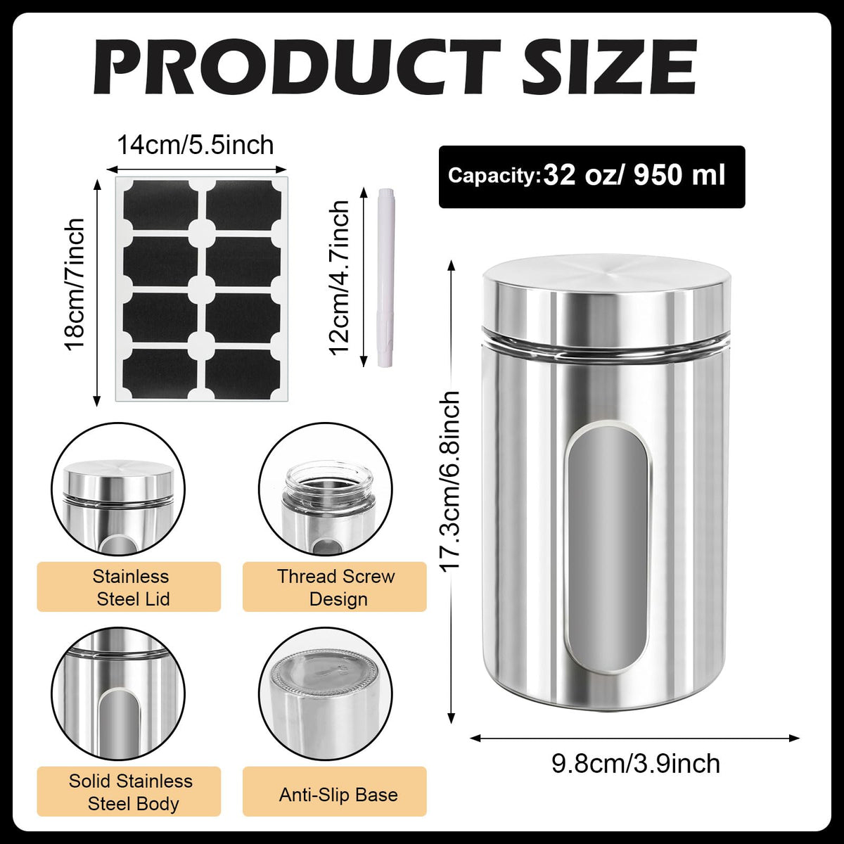 7 Pcs Kitchen Canisters Set with Window Glass 32 oz Stainless Steel Candy Storage Jars with Lids Airtight Coffee Containers for Flour Grains Spices Tea Sugar Cookies Kitchen Decorations (7 Count)