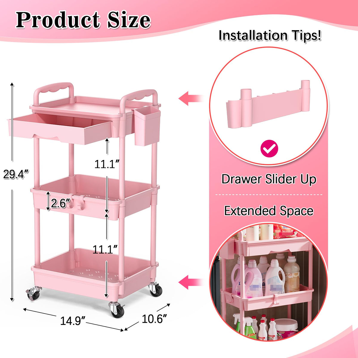 3 Tier Rolling Cart with Drawer